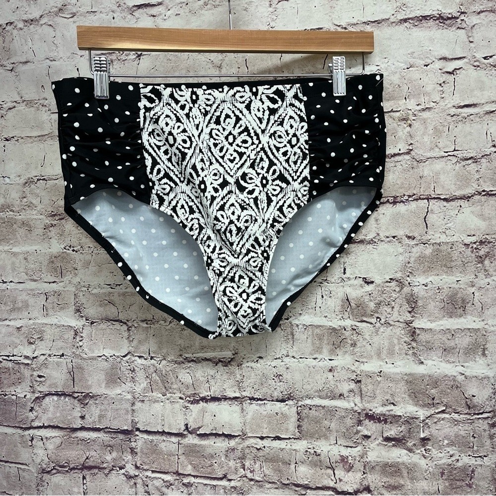 Catalina Swim Bikini Bottom Black White Floral Dot High Rise Size 1X 16W