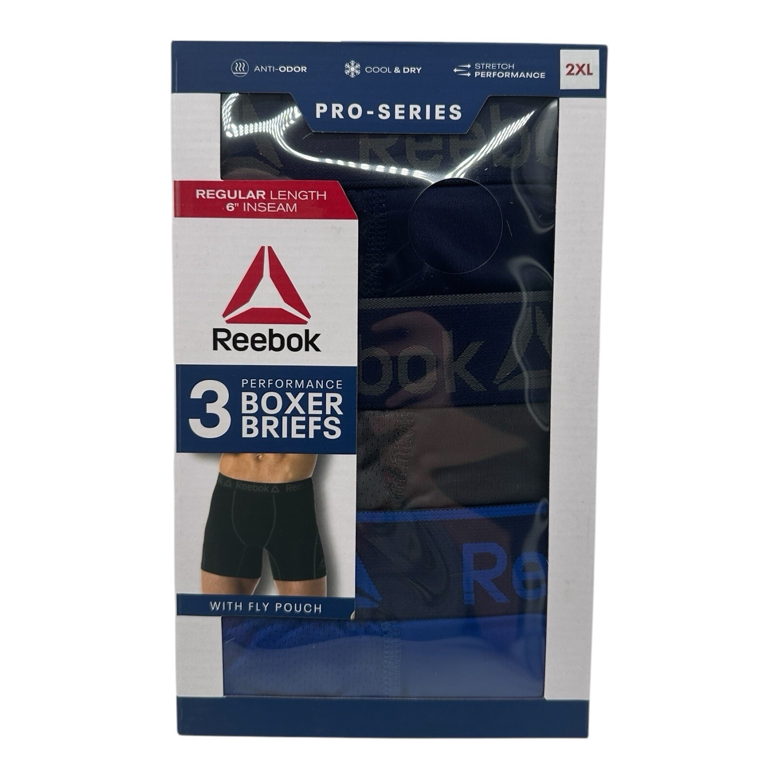 Reebok Pro Series 3 Pack Boxer Briefs Size 2XL Regular Length 6″ Inseam Multi