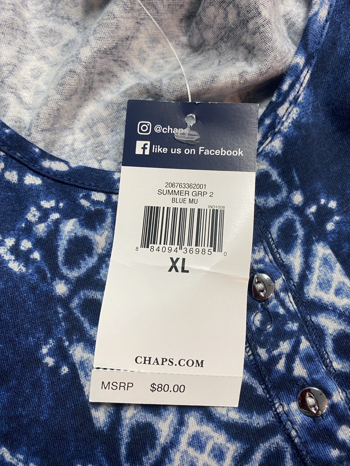 NWT Chaps Women Cotton Knit Indigo Batik Patchwork Long Dress Short Sleeve XL