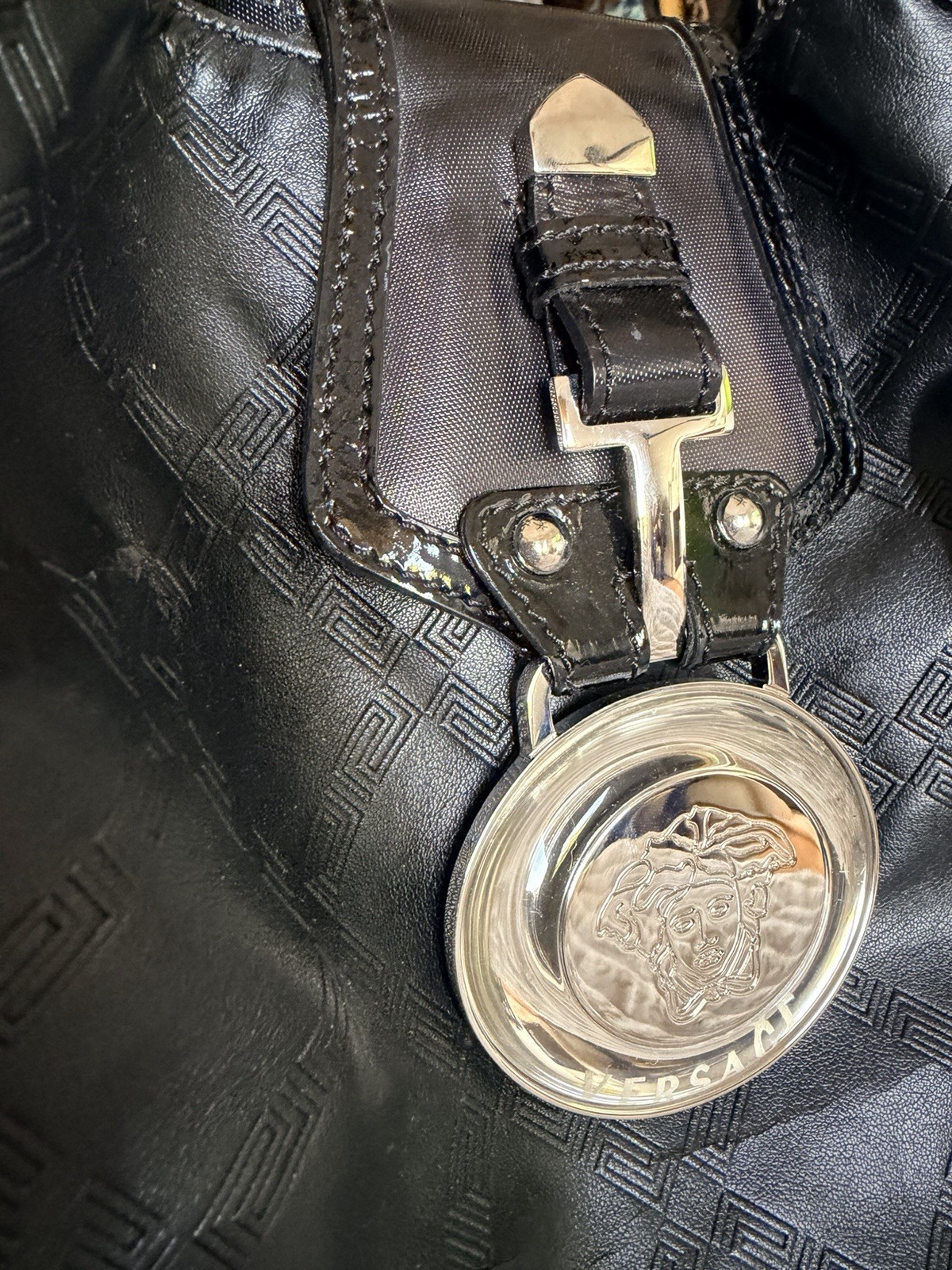 Versace Black Logo Embossed Studded Shoulder Bag Zip Silver HW Dust Bag Card