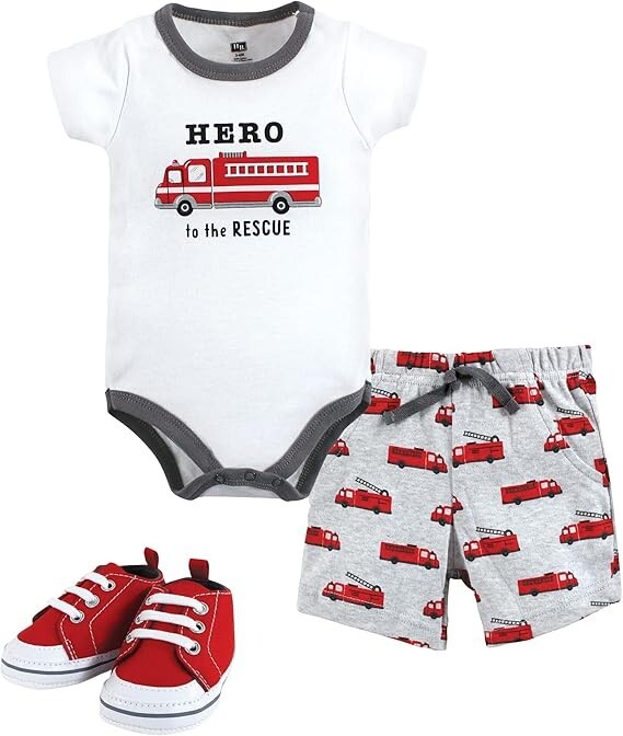 3-6 Months Hudson Baby Unisex Baby Cotton Bodysuit, Shorts and Shoe Set