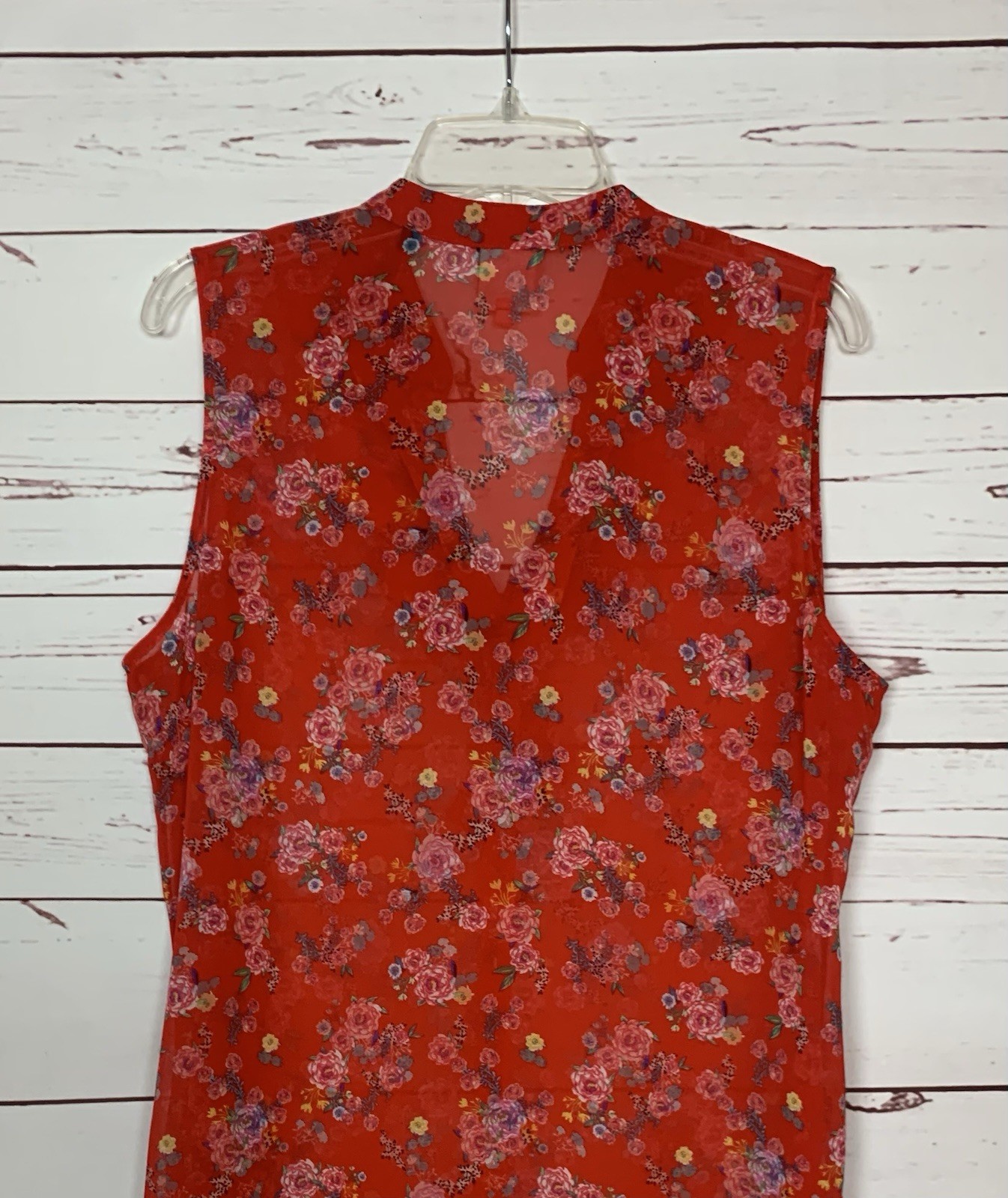 CAbi Women’s L Large Red Floral Ruffle Sleeveless Sheer Summer Top Blouse