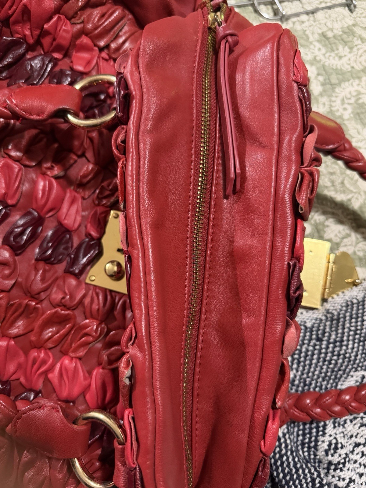 Miu Miu Red Satchel Top Handle Bag Braided Handles Gold Hardware Zip Push Lock
