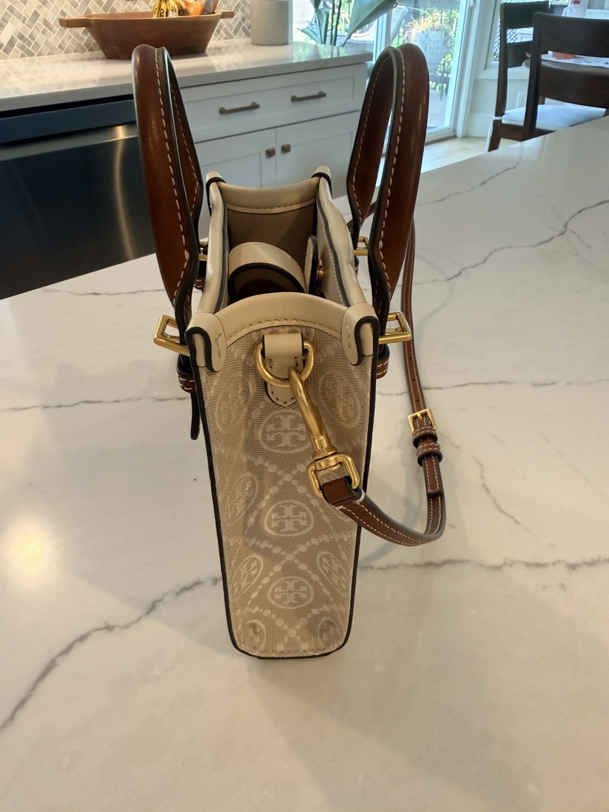 Authentic Tory Burch T Monogram Ivory Mini N/S Tote Crossbody Purse Bag 150217