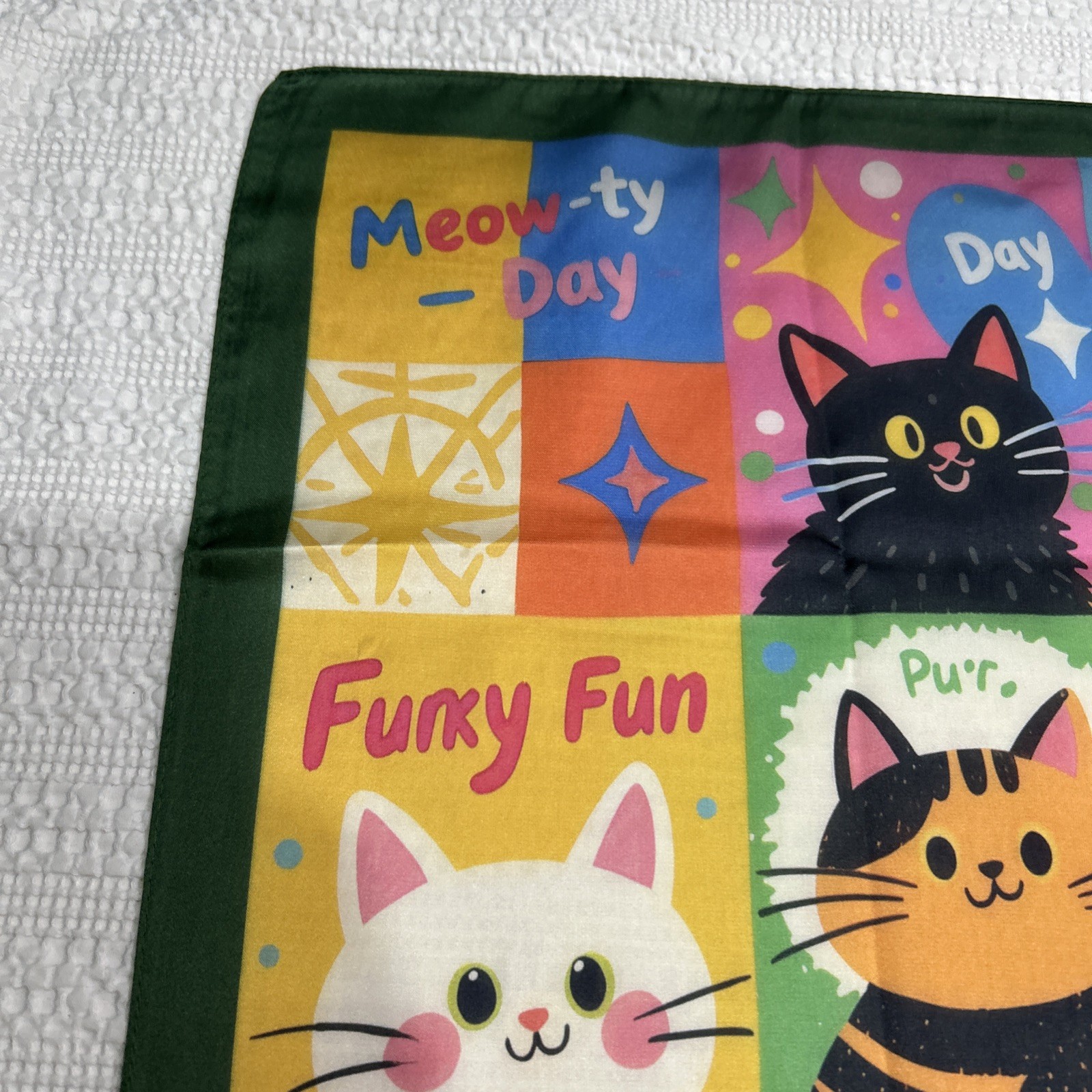 Colorful Cats Funky Fun 26” Square Scarf Floaty Green Border New Breeds Kitties