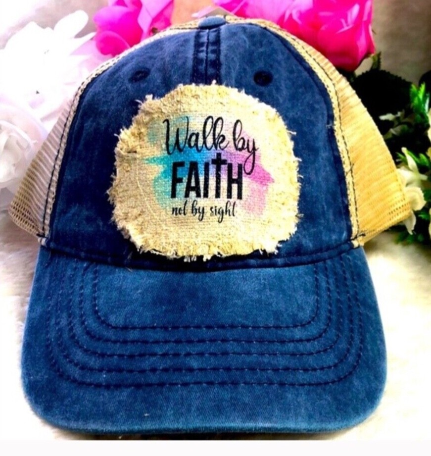 NWT Unbranded Blue Cove Mesh Twill Cap with “Walk by Faith Not by Sight” Patch