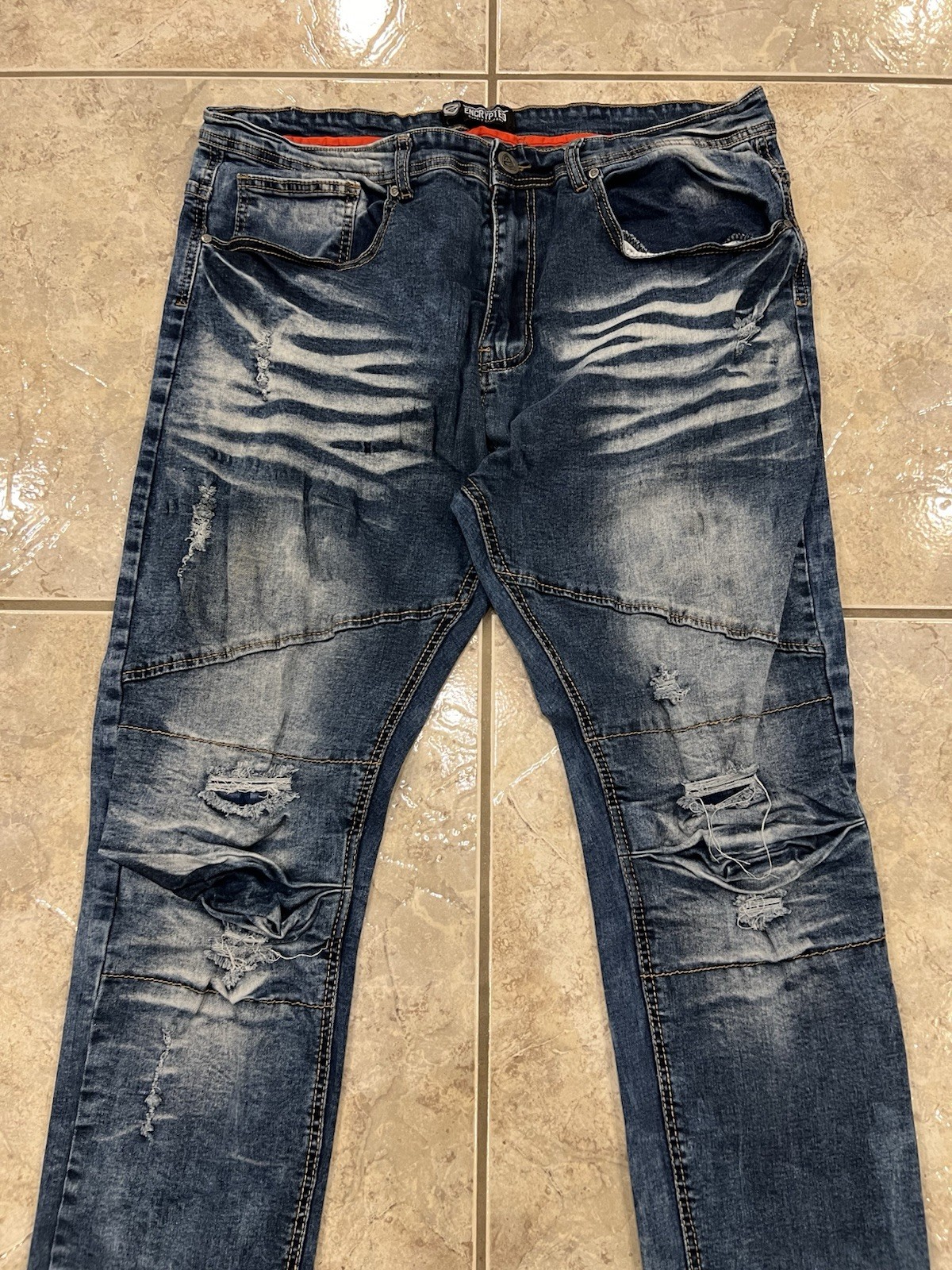 ENCRYPTED Men’s 40 Acid Wash Biker Jeans Slim Fit Moto Skinny Blue Denim