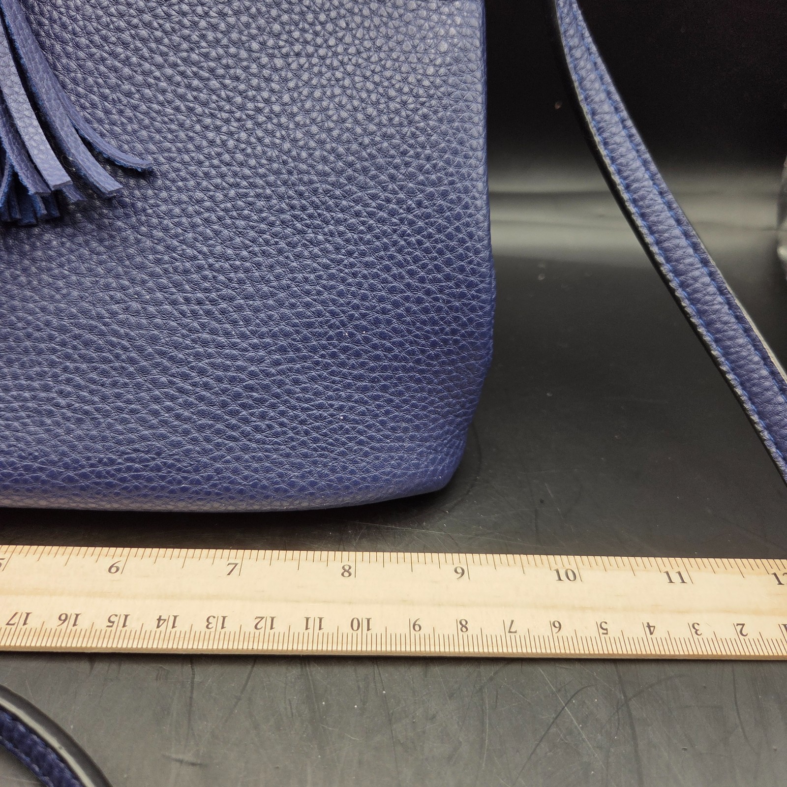 BLUE Faux Leather Crossbody Purse Womens Adjustable Strap Tassel Accent
