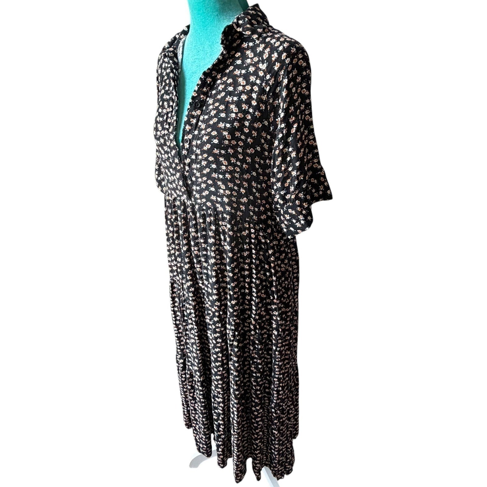 Cottagecore Prairie Ditsy Floral Size Small Collared Tiered Modest Midi Dress
