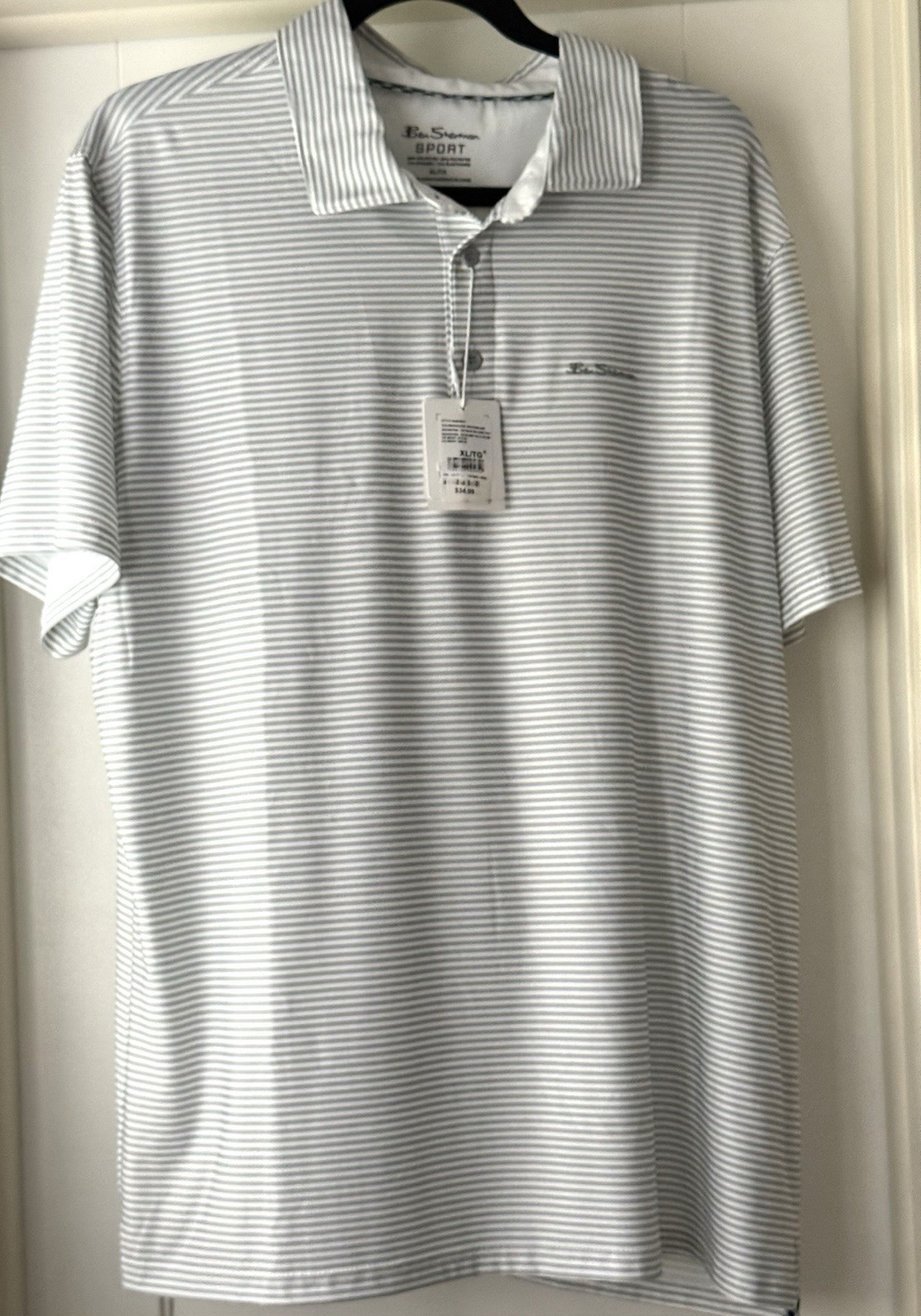 NWT-Ben Sherman Sport GolfShirt Men XL Stripe White/Blanc ShortSleeve Stretch-HH