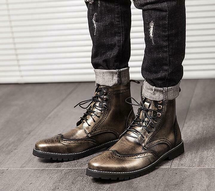 Mens High Top Brogue Shoes Carved Wingtip Lace Up Dress Casual Ankle Boots Hot