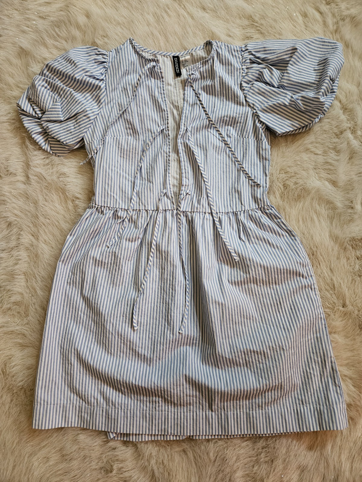 H&M Divided Blue White Striped Puff Short Sleeve Tie Front Mini Dress Size XXS