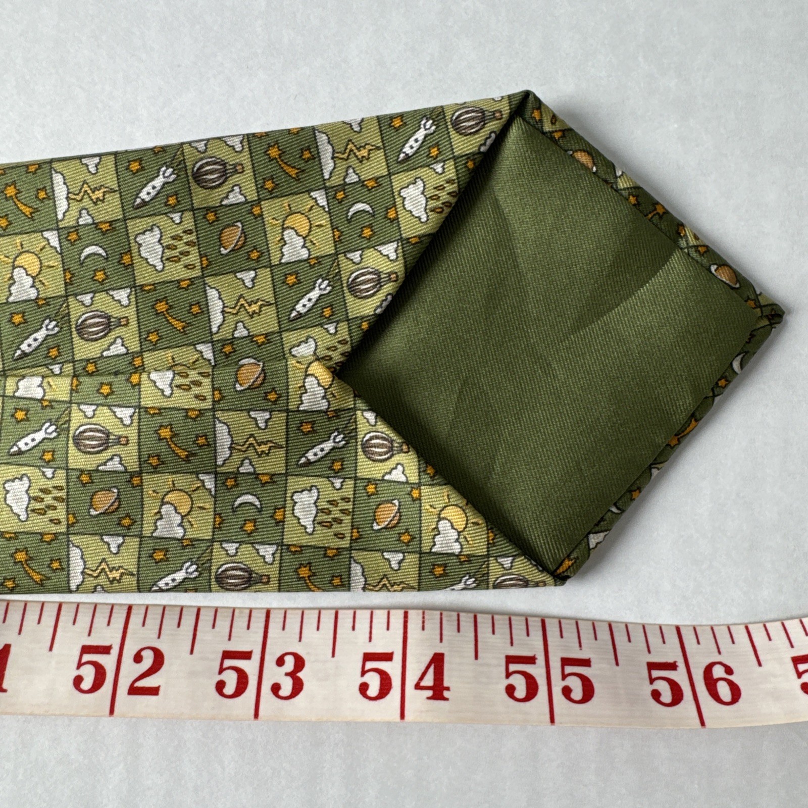 VTG Hermes Silk Tie Green Space Rockets Hot Air Balloons Novelty Print 7803 Mens