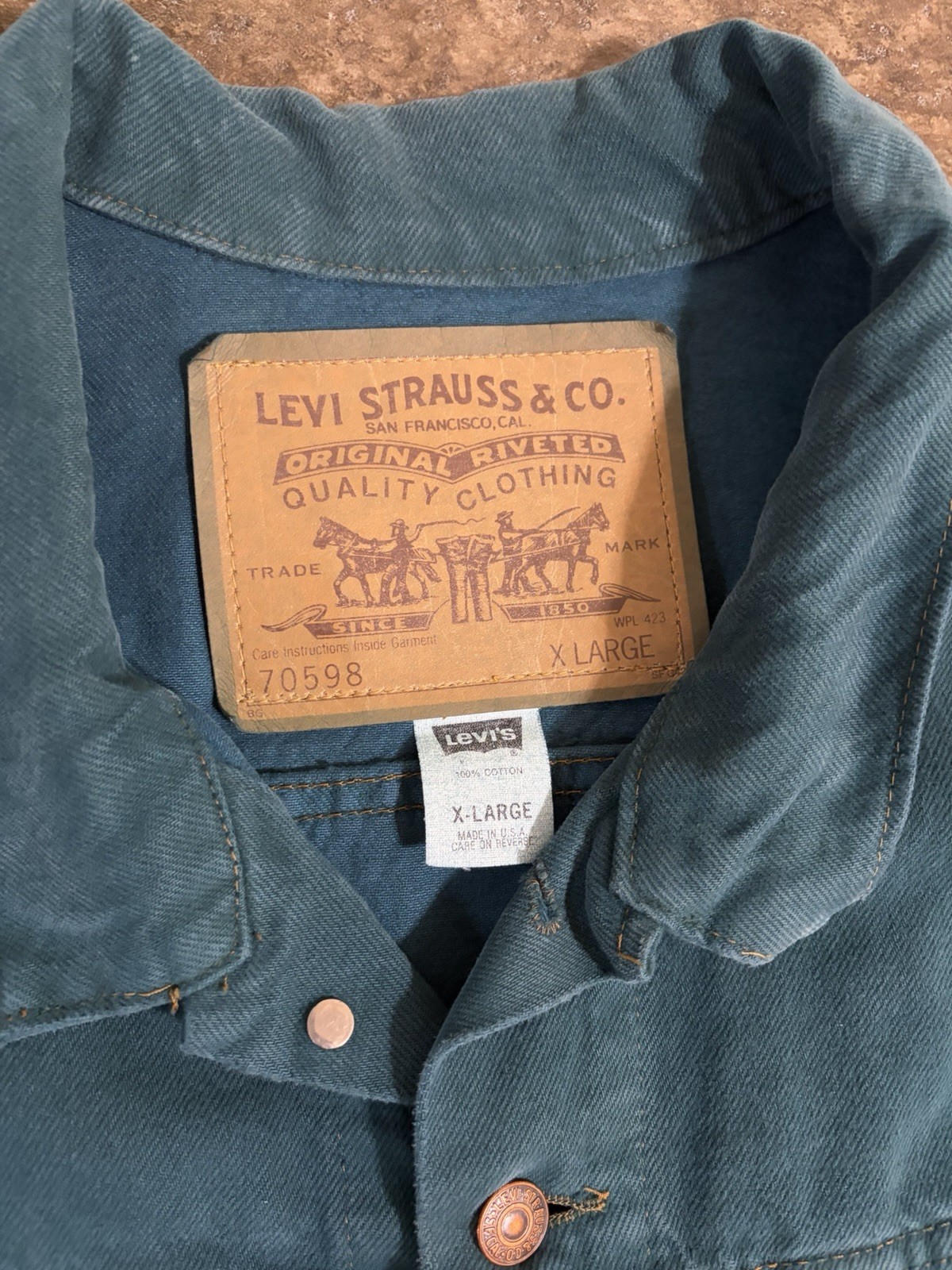 Vintage Levi’s Type 3 Green Denim Trucker Jacket Size XL USA Made 90s 70598 4347