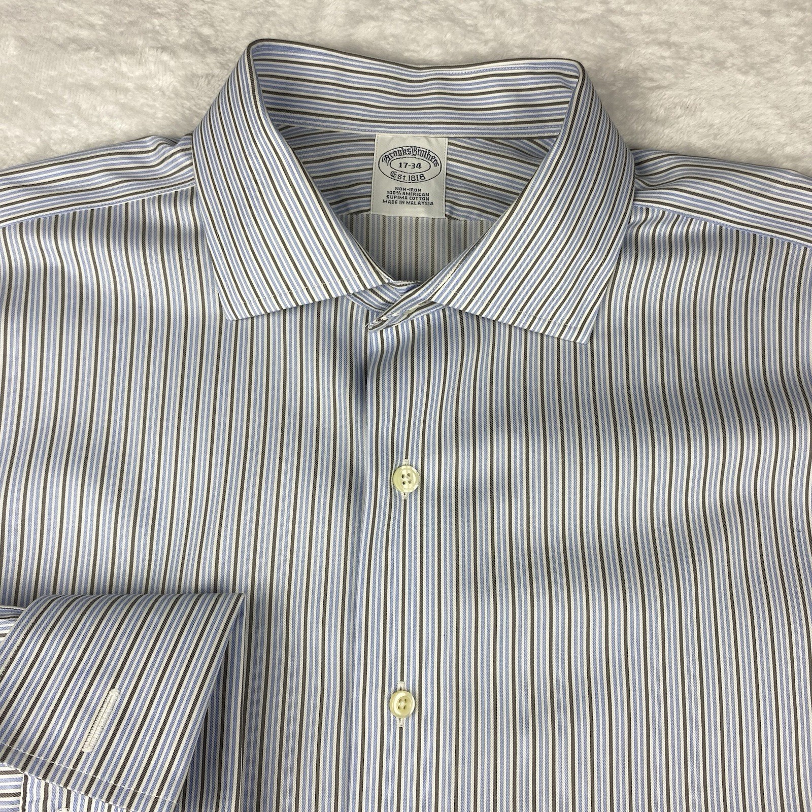 Brooks Brothers Dress Shirt Men’s 17-34 Blue/Olive Stripes French Cuffs No Iron