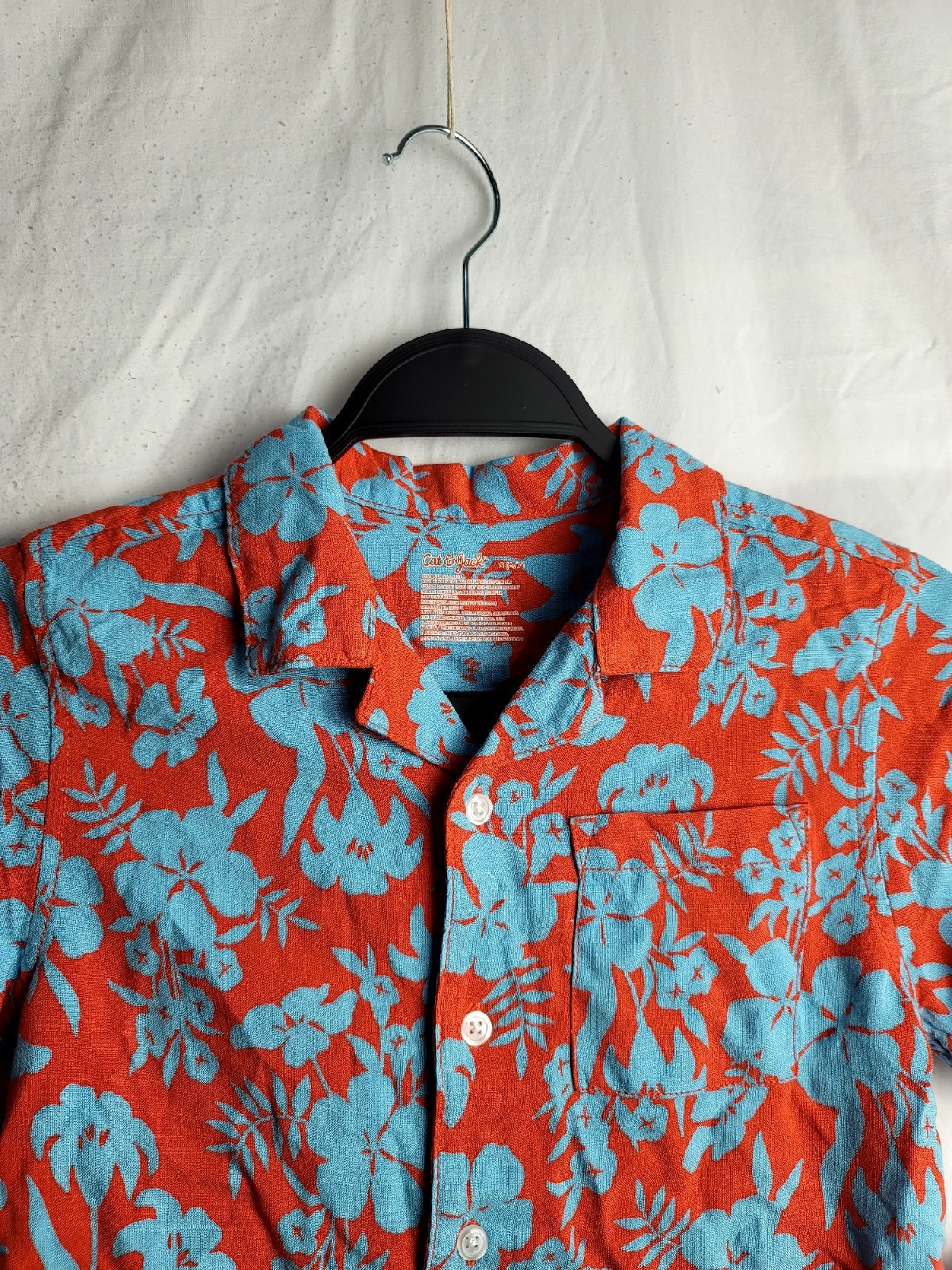 Cat & Jack Boys Floral Hawaiian Button-Up Shirt Orange/Blue S (6/7) Collared