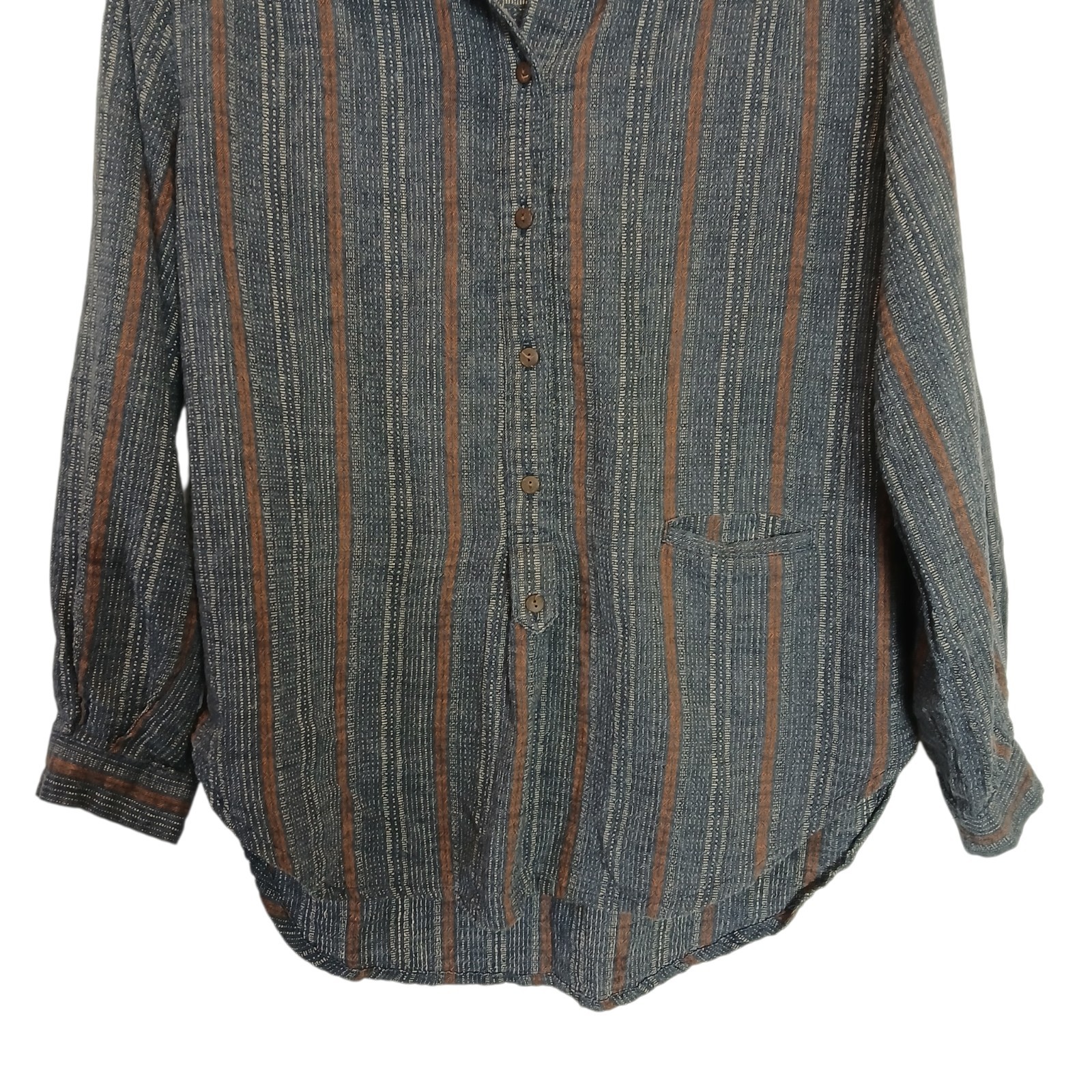 POETRY Shirt Size 8 Womens Hemp Organic Cotton Blend Blue Striped Button Down