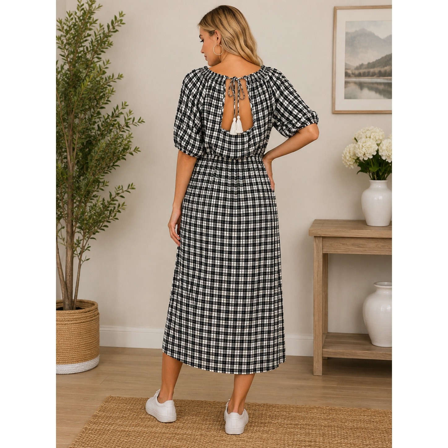 Old Navy Women’s Plaid Midi Dress Size L Black & White Puff Sleeve Side Pockets