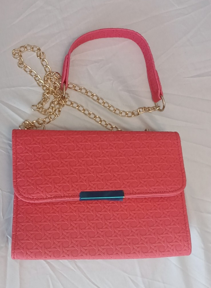 Women’s Pink Embossed Rectangle Top Handle Shoulder Bag Magnetic Flap Gold Chain