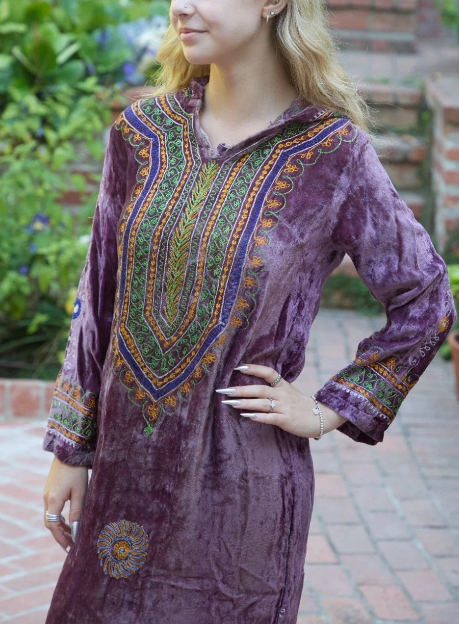 Vintage 60s Embroidered Maxi Kaftan Hooded Dress Crushed Velvet Hippie Boho