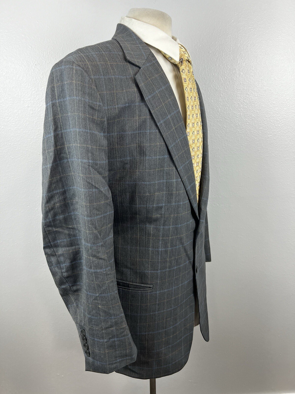 Tom James Corporate Image Men’s Gray Windowpane Wool Sport Coat Blazer Size 42 L