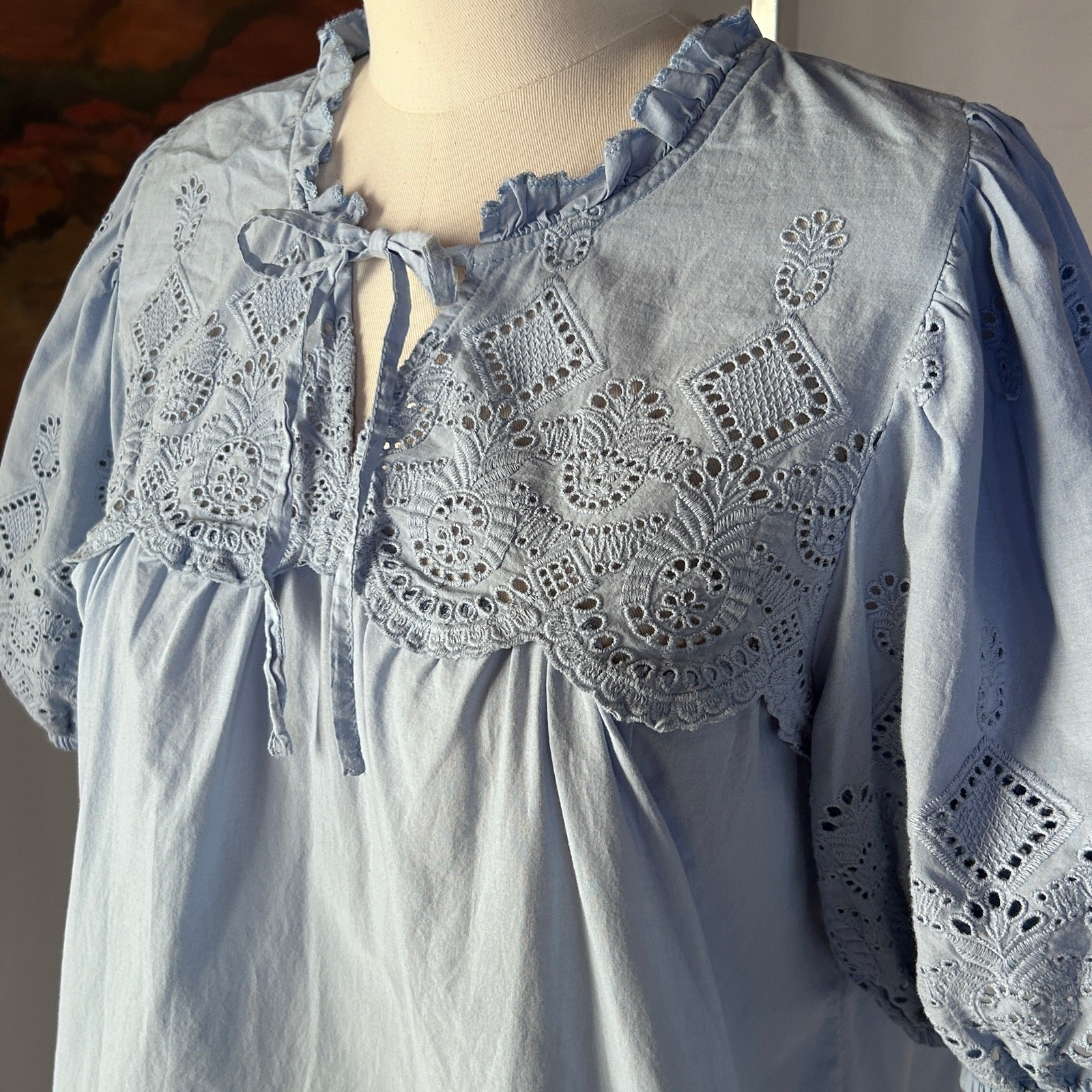 Cotton Eyelet Prairie Peasant Top Puff Sleeve Blue Romantic Cottagecore Blouse M