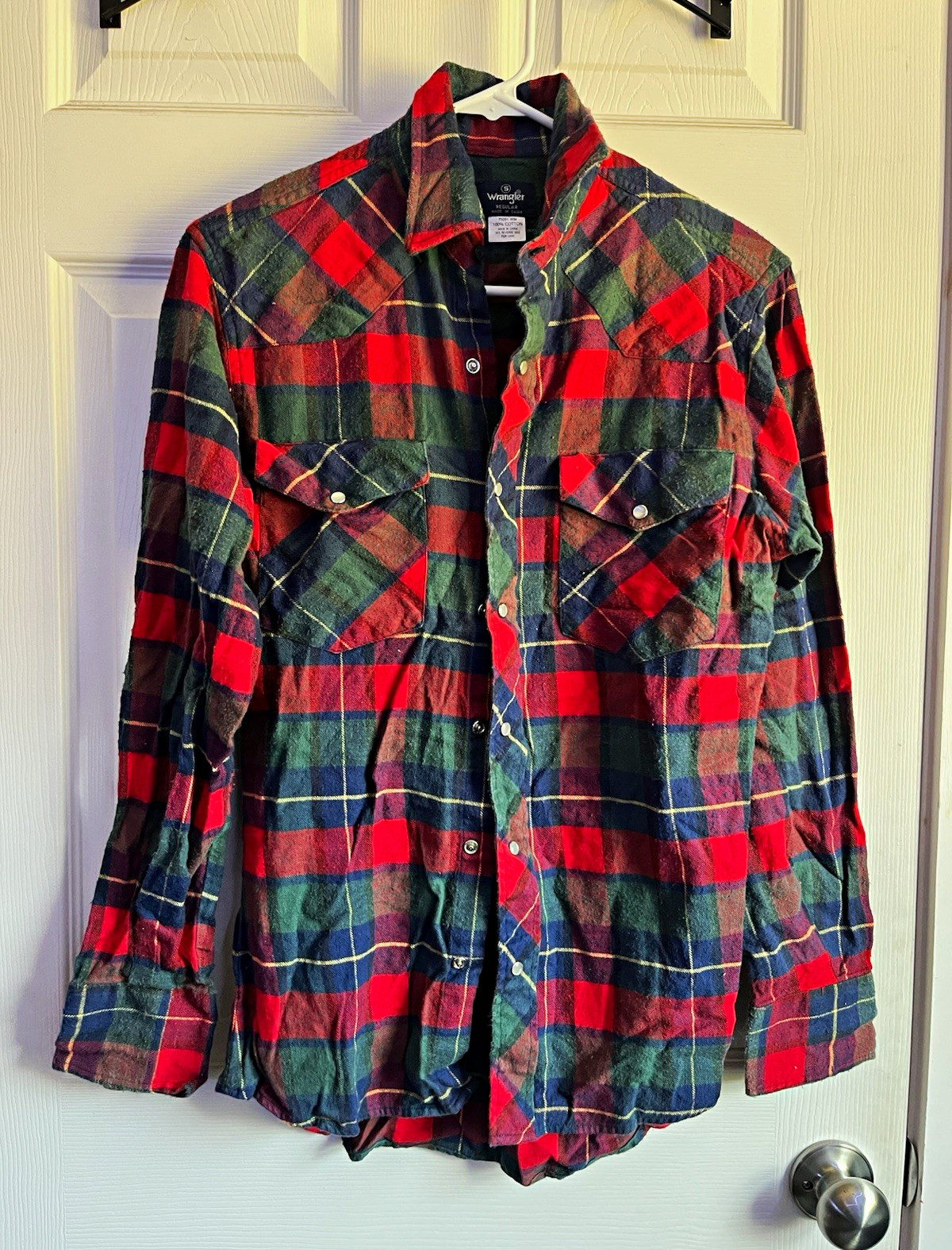 Wrangler Red Green Blue Plaid Flannel Long Sleeve Button-Up Shirt Pockets S