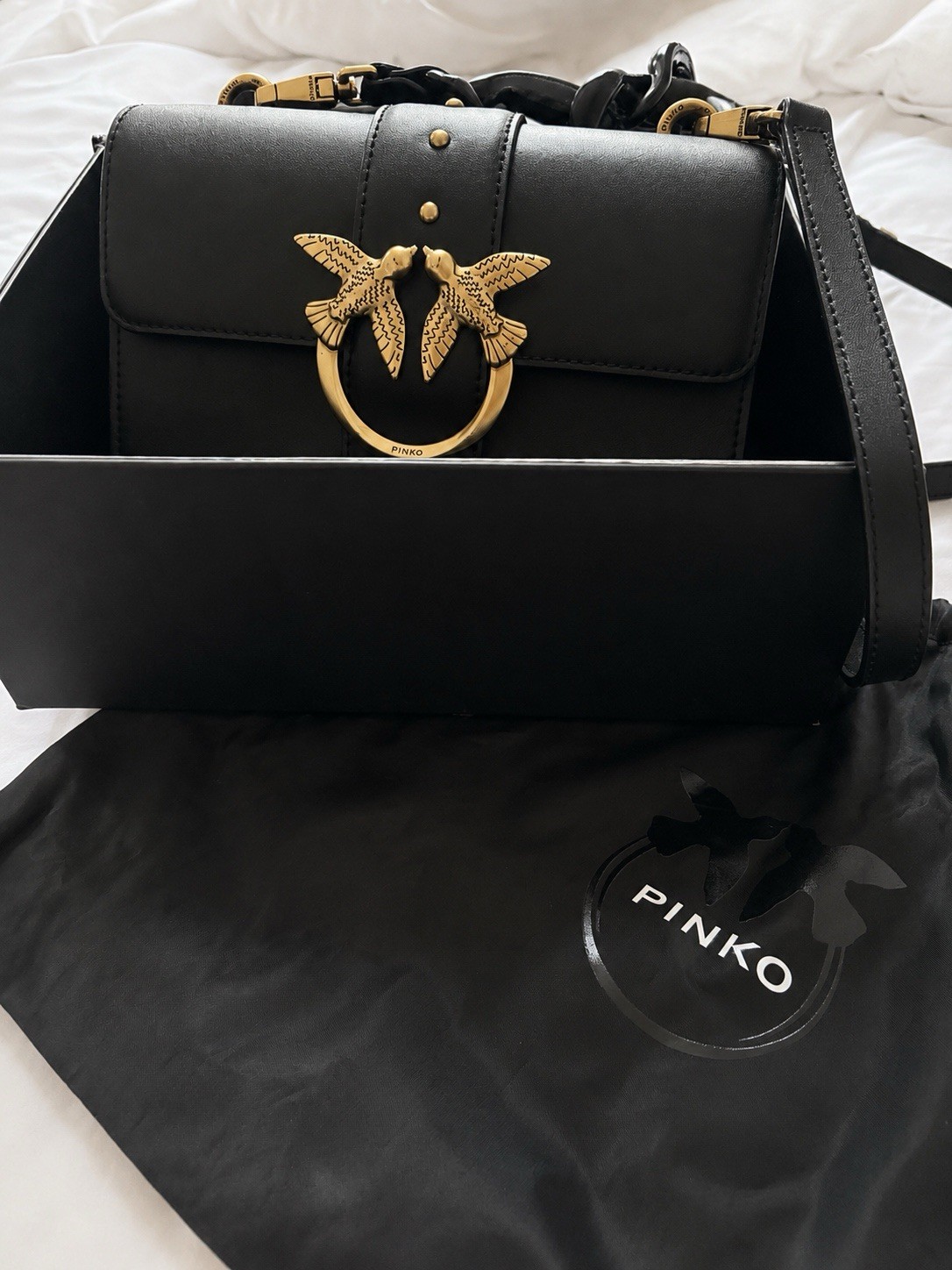 PINKO Black Crossbody Bag Gold Bird Logo Hardware Magnetic Zip + Dust Bag