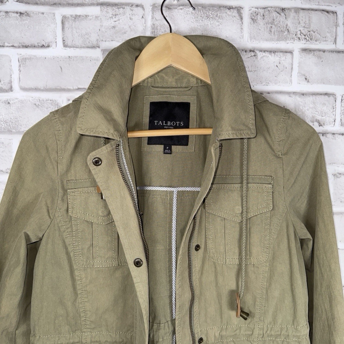 Talbots Military Field Utility Jacket Size P Petite Green Olive Drawcord Waist