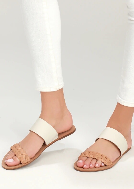 Lulus Leather Slide Sandals – White & Tan Nappa – Caylee 85298 Lulu’s Brazil