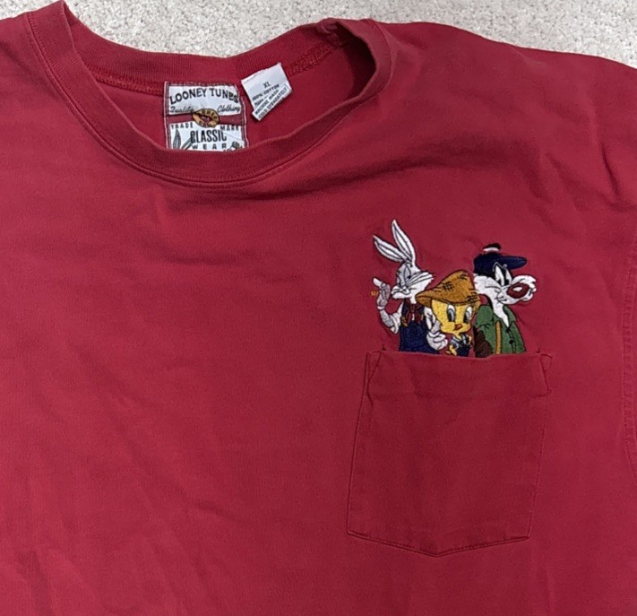 VTG 90s Looney Tunes Pocket TShirt Bugs Bunny Embroidered Tweety Sylvester XL