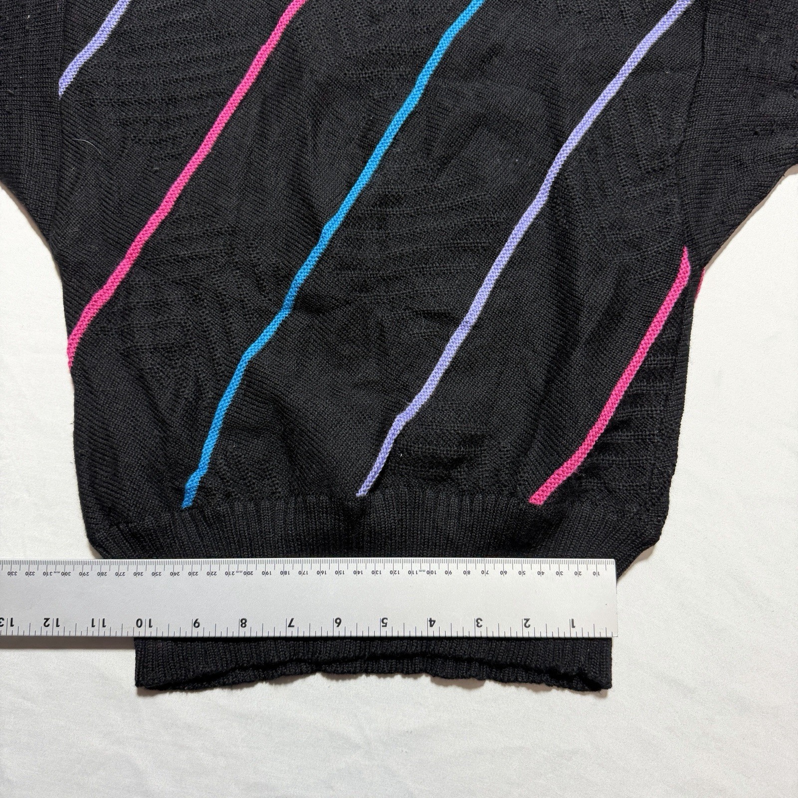 Vintage 80s Diagonal Stripe 100% Wool Crewneck Sweater Black Neon Pink Blue S