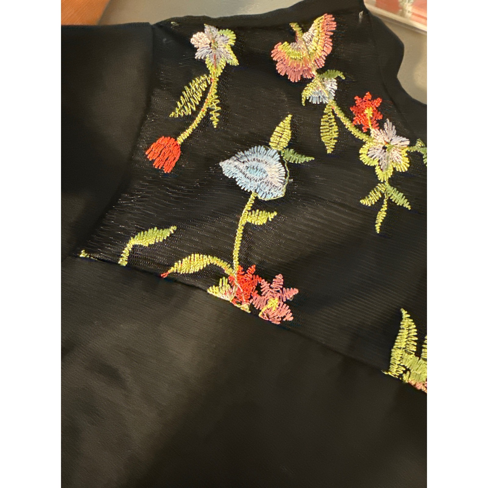 Shein Black Tie Neck Short Sleeve Blouse Mesh Floral Embroidered Back XS