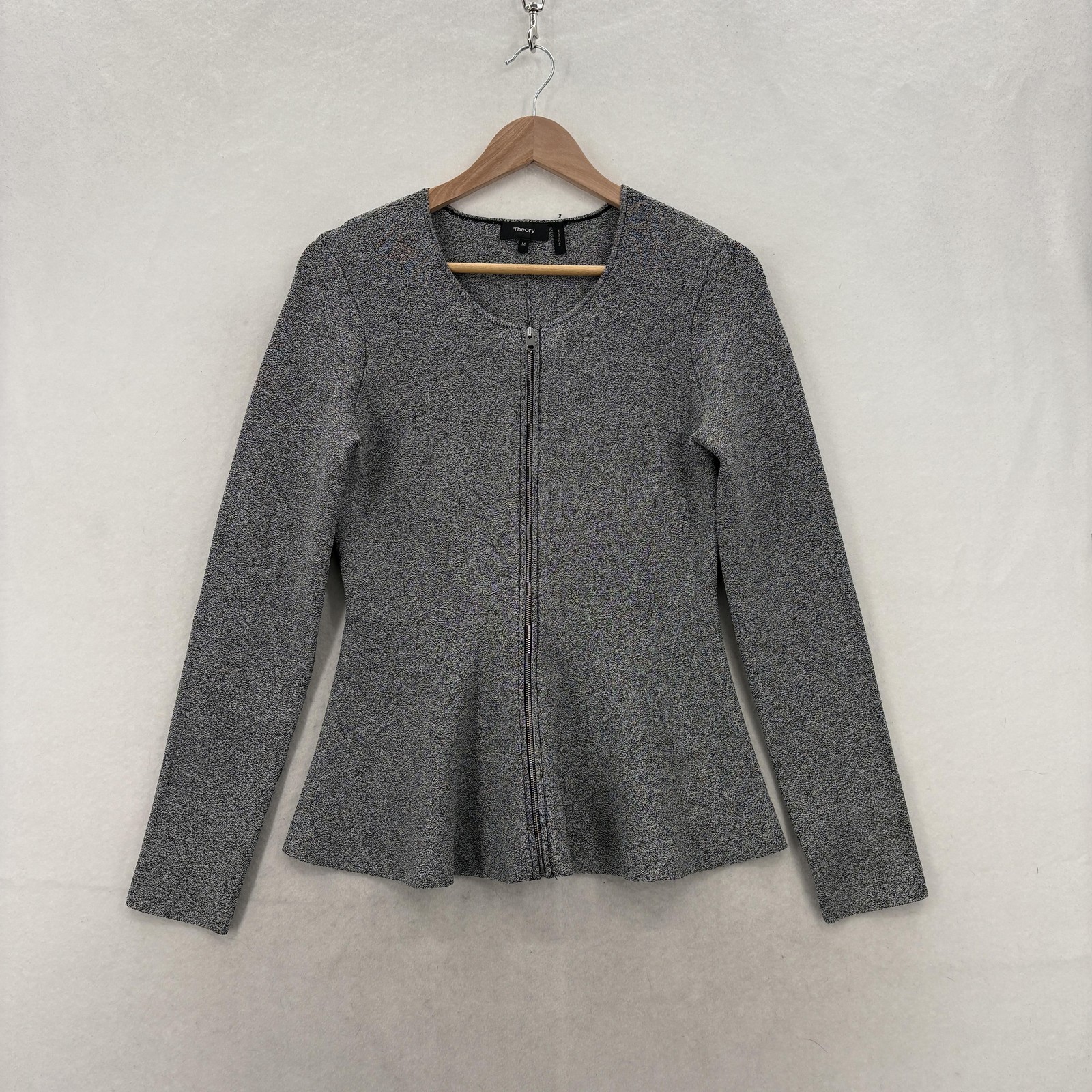 Theory Marl Peplum Jacket Womens Medium Gray Knit Full Zip Stretch Work Career