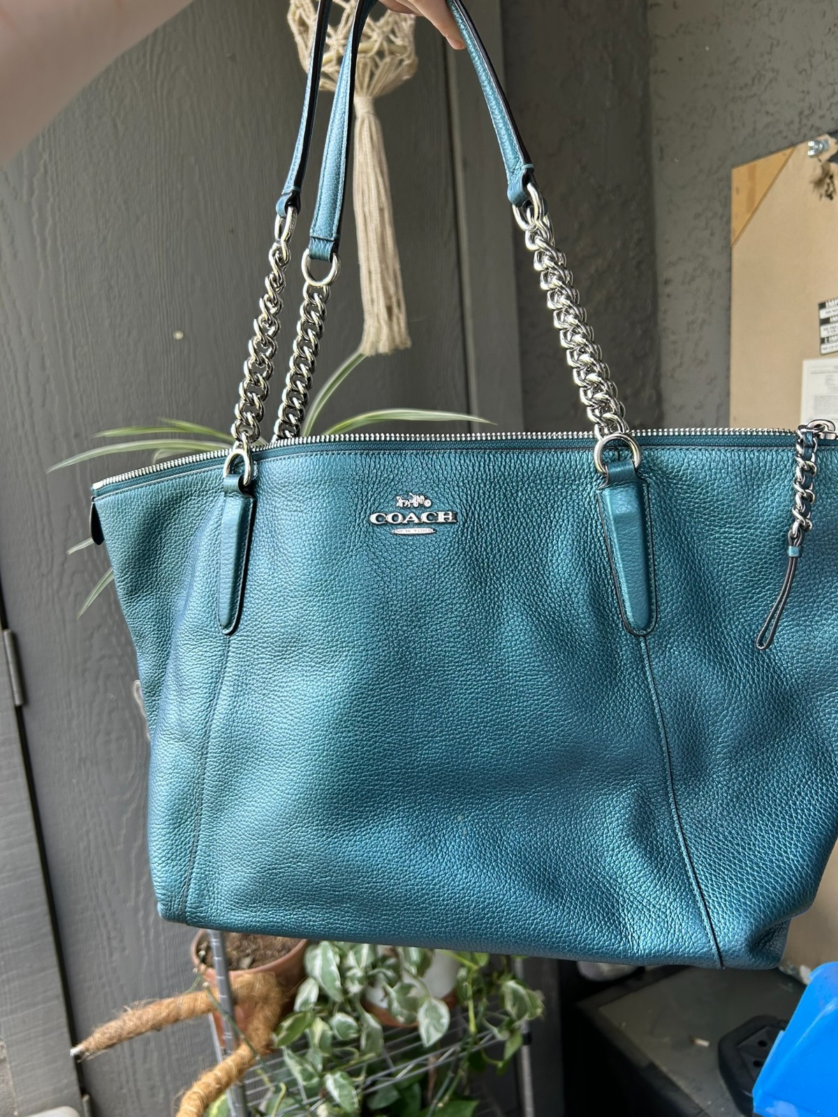 COACH Ava Chain Tote in Teal Refined Pebble Leather – Excellent Condition