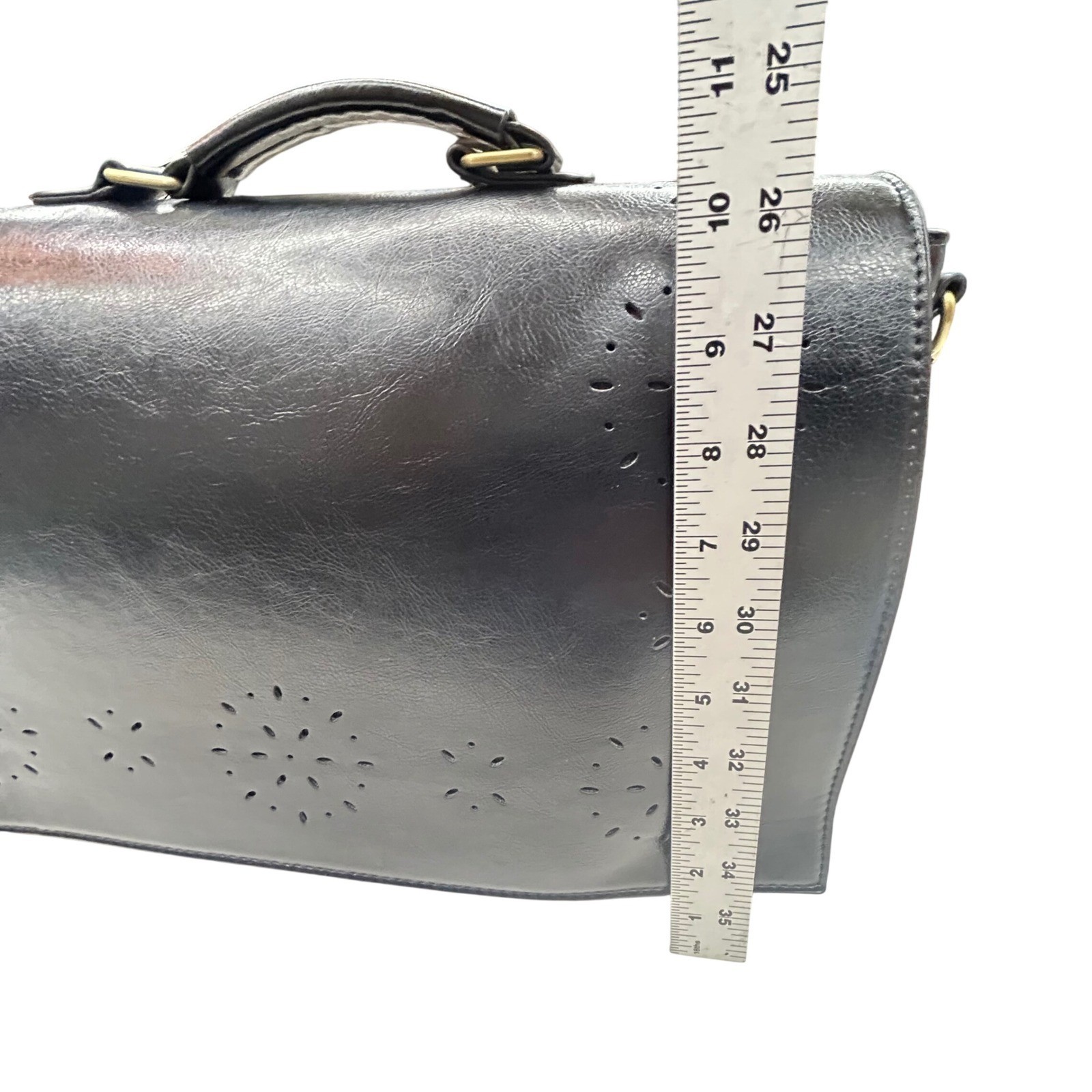 Ecosusi Black Vegan Leather Bag Satchel Messenger Laptop Breifcase Floral Cutout