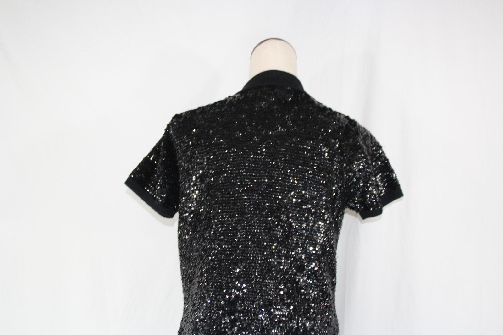 Lauren Ralph Lauren Black Sequin Merino Wool Knit Polo Sweater Holiday Top Sz. M