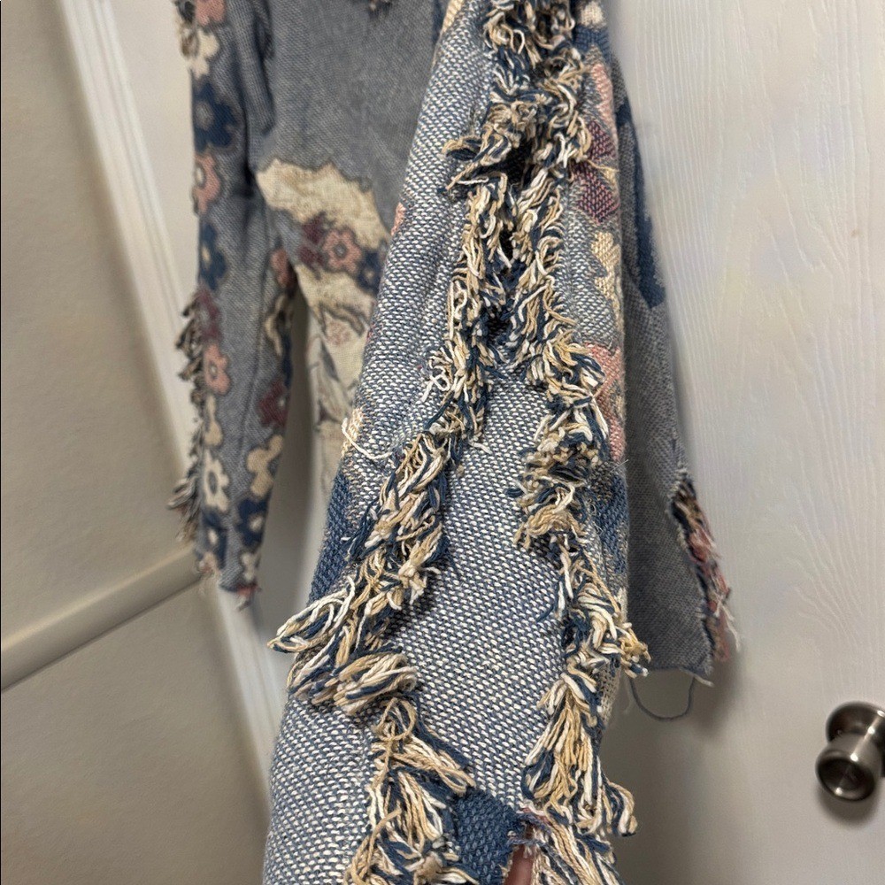 RARE! Dreamsicle Tapestry Sweater Cherub Long Sleeve V-Neck Distressed Fringe
