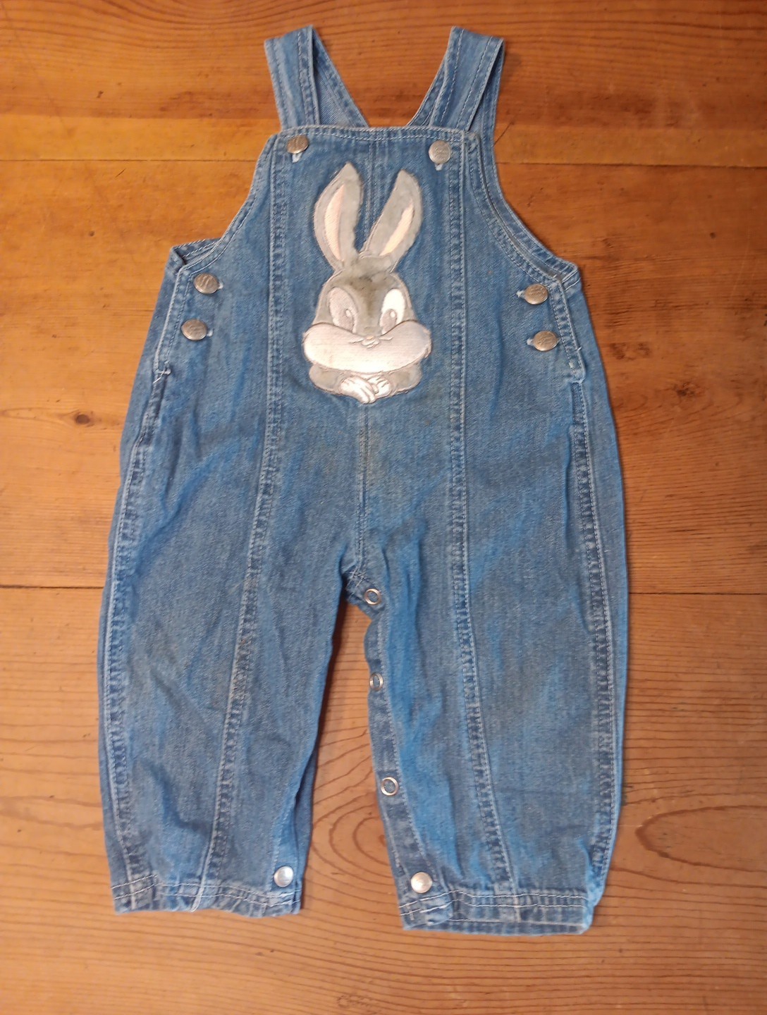 Looney Tunes Bugs Bunny Denim Overalls Baby 12M Girl Boy Vtg 90s 3D Jean Snap