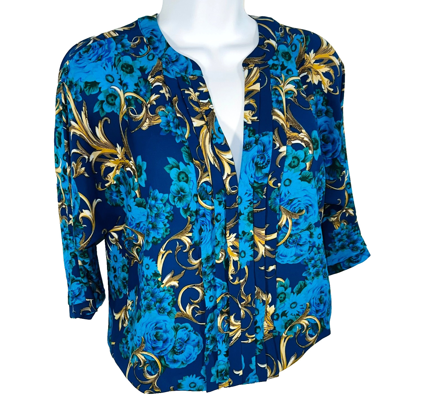 7th Avenue New York & Company Blouse Women’s XS Blue Gold Floral Rococo V-Neck