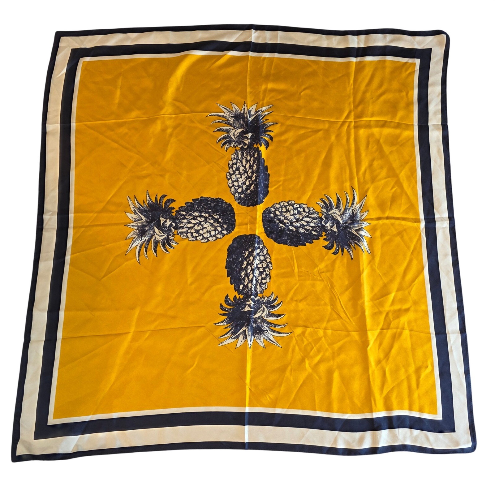 Ann Taylor Silk Scarf Yellow Navy Blue Pineapple Print Square Nautical Border