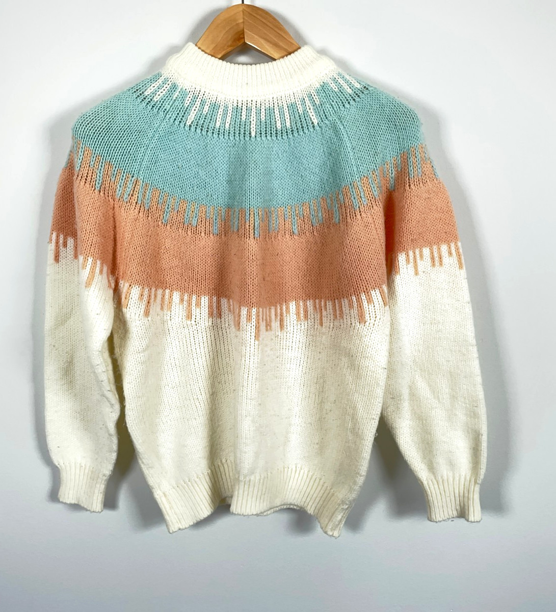 80s Pastel Sweater Women’s Large Atomic Pattern Mock Neck Ivory Pink Blue Knit