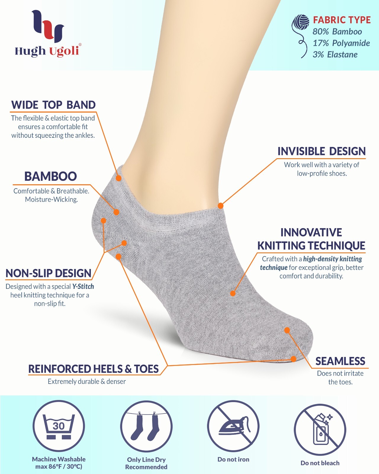 HUGH UGOL Women Bamboo No Show Socks Non Slip Invisible Liner Socks 6/12 Pairs