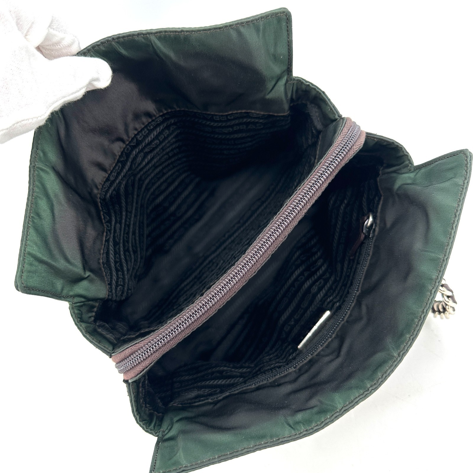 PRADA Shoulder Bag Cain Nylon Leather Green Khaki Triangle Logo Plate Black Auth