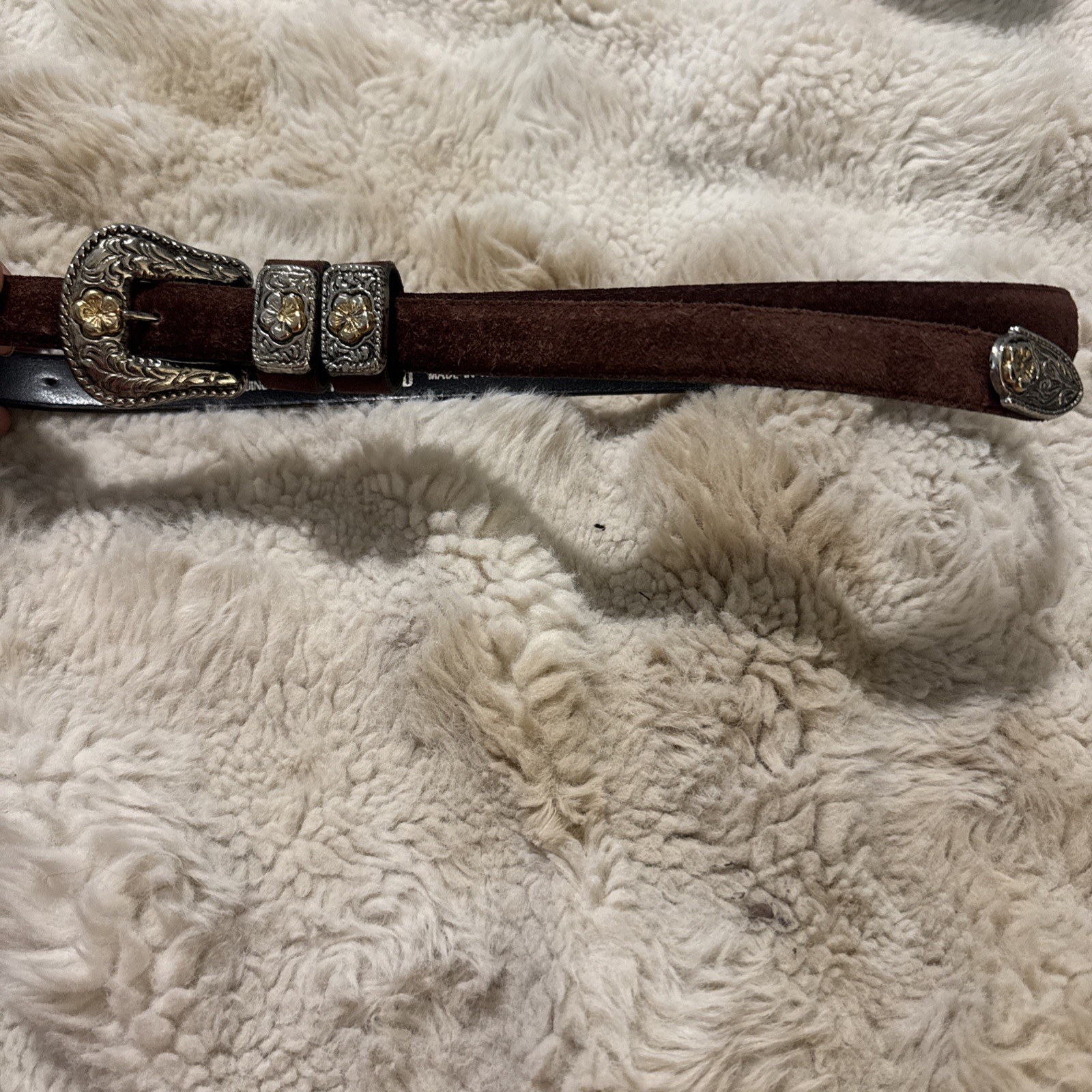 Vintage Brown Leather Belt with Silver and Gold Medallion Accents Size small