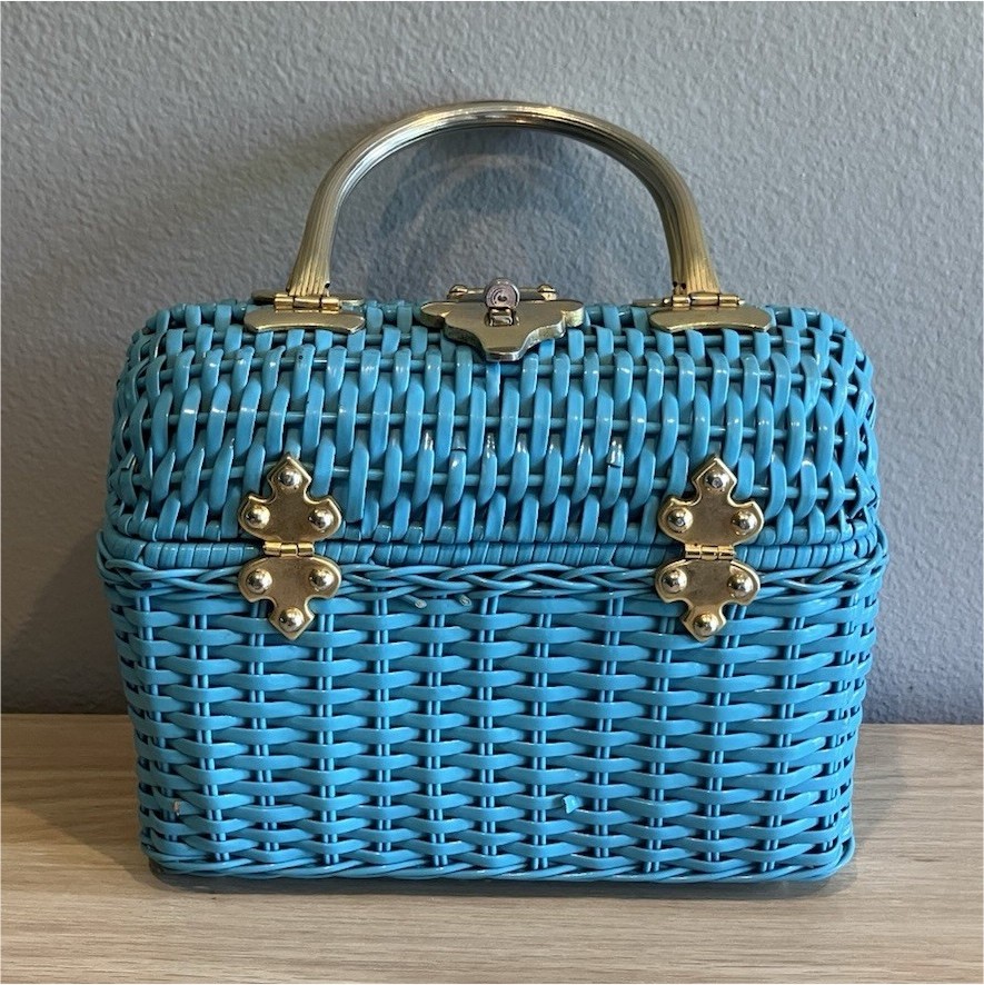Patricia Nash Blue Woven Satchel Top Handle Brown Leather Strap, Pockets