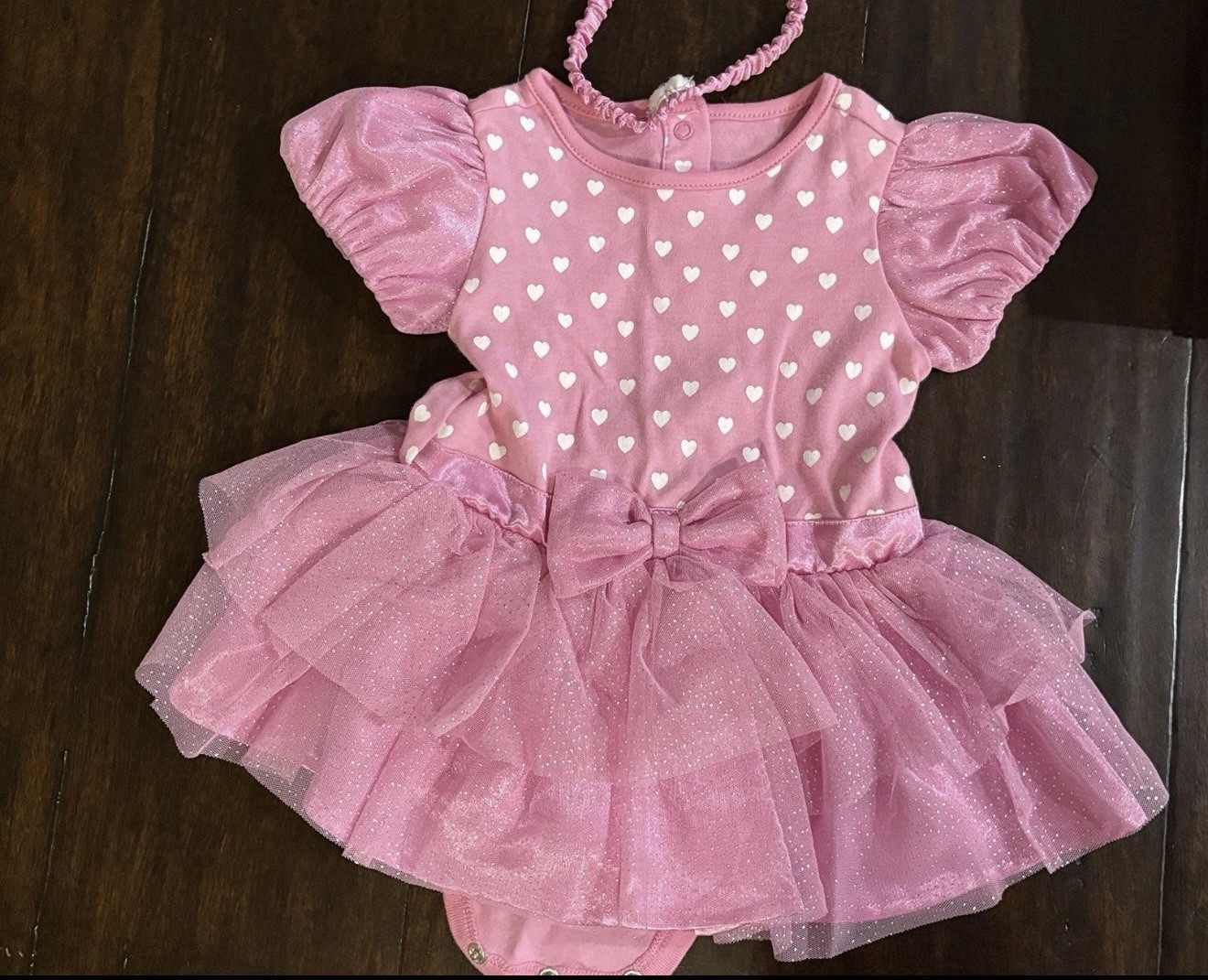 Disney Baby Pink Heart Tulle Romper Bodysuit 6-9M Short Sleeve Snap Party