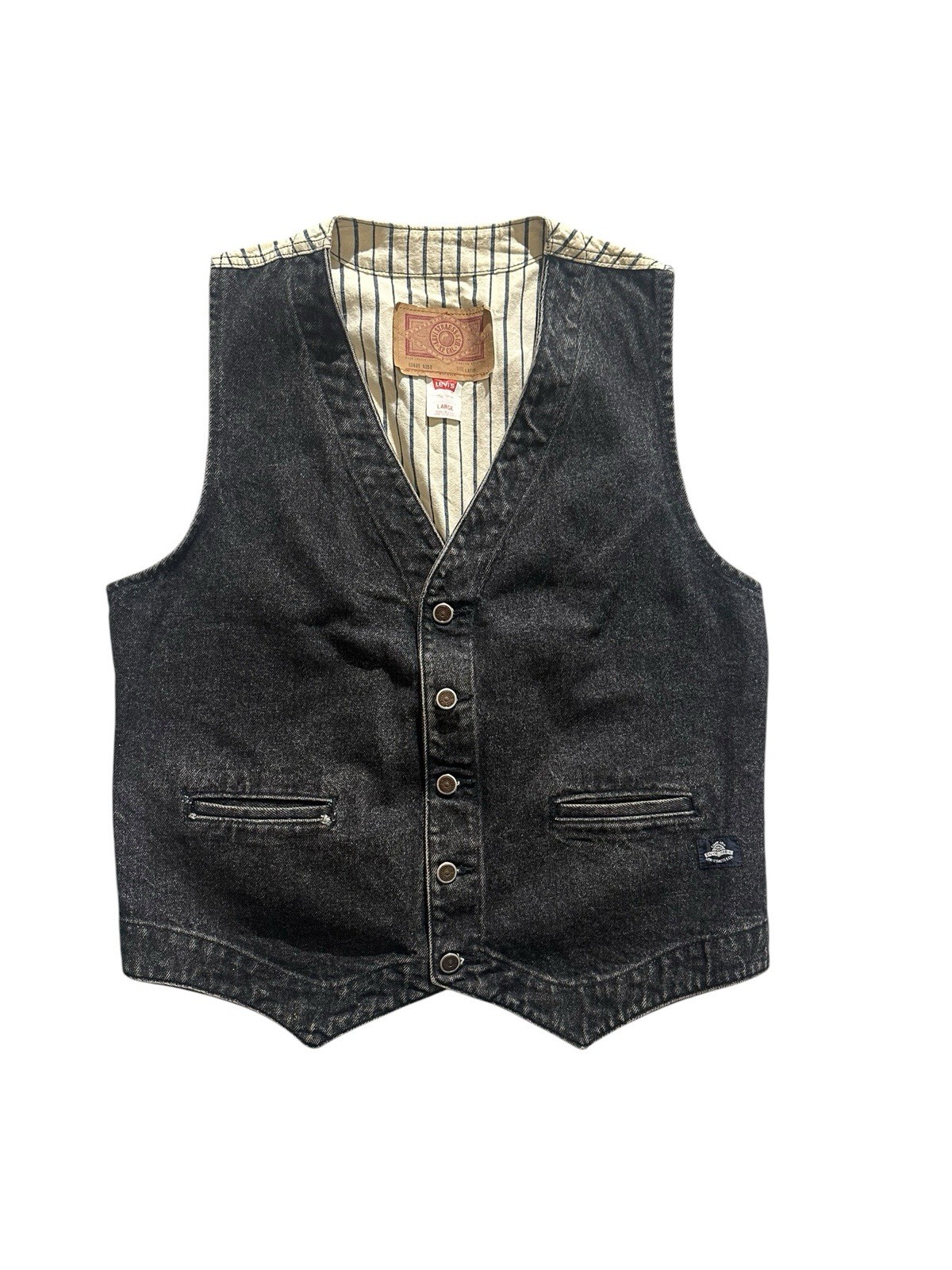 Vintage Levis Vest Black Denim Silver Tab Button Front Stripes USA Made Mens L