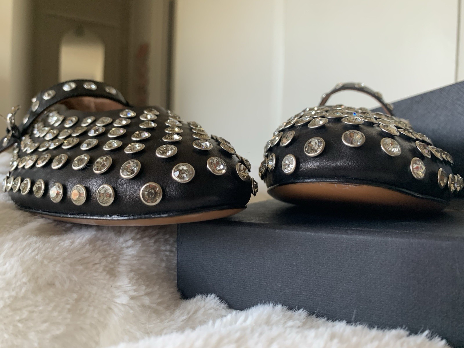 Alaia Mary Jane Strap Leather Rhinestone Crystal Ballet Flat Size 40 US 9 Black