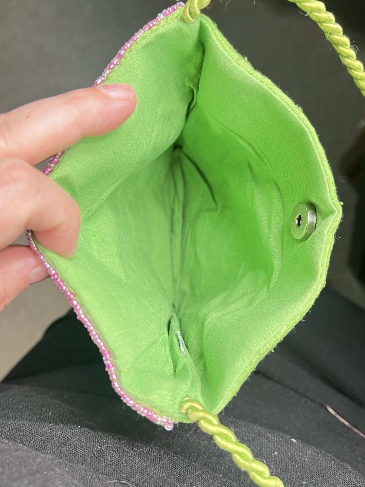 Bamboo Trading Flamingo Beaded Cross Body Handbag Purse Corded Strap Pink Green